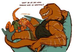 anthro blush clothing cum dinosaur duo father father_and_child father_and_son furry furry_only incest male_only orf parent parent_and_child partially_clothed penis scalie tagme yaoi yellow_eyes