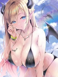 1girls 2021 bangle bare_shoulders bikini black_bikini blonde_hair blue_eyes blue_sky bracelet breast_tattoo breasts cleavage covered_nipples day demon_girl demon_tail demon_wings female female_focus female_only heart heart_necklace highres hololive hololive_gen_2 hololive_japan jewelry kubota_masaki large_breasts leaning_forward lens_flare looking_at_viewer necklace outdoors pointy_ears rainbow sky solo solo_female solo_focus string_bikini succubus swimsuit tail tattoo virtual_youtuber wet wings yuzuki_choco