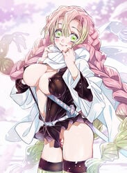 big_breasts blush braided_hair cleavage demon_slayer erect_nipples erect_nipples_under_clothes female female_only green_eyes haori kanroji_mitsuri kimetsu_no_yaiba long_hair looking_at_viewer miniskirt mole_under_eye niko_(tama) no_bra open_shirt pink_hair pubic_tattoo scarf smile solo sword thighhighs two_tone_hair