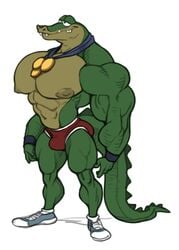 1boy 4_fingers abs animalympics anthro bolt_jenkins crocodile half-closed_eyes huge_muscles huge_pecs male male_only medals muscular_male nipples standing tagme wide_hips wristband