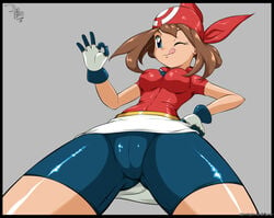 2020s 2021 ass athletic athletic_female bandana bike_shorts black_bottomwear blue_eyes brown_hair cameltoe digital_art female female_only front_view grey_background happy heroine human jpeg light-skinned_female light_skin manga may_(pokemon) medium_breasts medium_hair pepipopo pokemon shiny_bottomwear shiny_hair shiny_skin shorts signature simple_background smile socks solo solo_female standing tomboy tongue_out two_tone_gloves two_tone_headwear two_tone_topwear video_games watermark worm's-eye_view