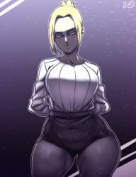 1girls annie_leonhardt attack_on_titan big_breasts blonde_hair blush breasts clothed_female curvaceous d-art dark_background female female_only fully_clothed hands_behind_back looking_at_viewer ponytail simple_background solo solo_female sweater thick_thighs tight_clothing voluptuous voluptuous_female wide_hips