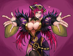 1girls absurdres asymmetrical_clothes blush braid breasts center_opening cleavage detached_collar dress feather_trim female fire_emblem fire_emblem_heroes fishnets fur_trim hair_ornament heart highres incoming_hug large_breasts loki_(fire_emblem) long_hair looking_at_viewer nintendo open_mouth pink_hair plunging_neckline purple_dress purple_eyes reaching_out red_hair saiykik side_slit smile solo thighhighs very_long_hair violet_hair wide_sleeves