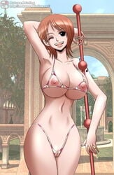 arm_up armpit bikini breasts censored clima-tact crotchless_bikini crotchless_clothes female female_only mokusa nami nippleless_clothes nipples nude one_piece outdoors pre-timeskip public_nudity pussy smiling standing straight_hair wink