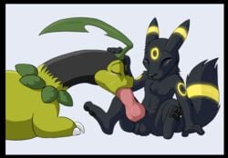 animated anthro bayleef blush closed_eyes color eeveelution fellatio feral fur furry insertion interspecies male male/ambiguous nintendo nude oral penis pokemon pokemon_(species) sitting umbreon