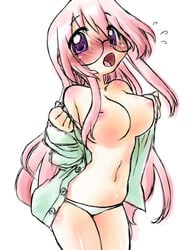 bare_shoulders blush breasts dress_shirt glasses kogaku_kazuya large_breasts long_hair lucky_star miyuki_takara navel nipples open_mouth panties pink_hair purple_eyes sketch sweat underwear undressing very_long_hair white_panties