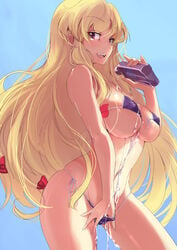 :d ario bikini blonde_hair breasts female holding large_breasts long_hair lotion micro_bikini mound_of_venus open_mouth purple_bikini purple_eyes rough side-tie_bikini smile solo swimsuit tanning_oil touhou yukari_yakumo