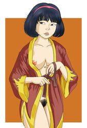 1girls asian_female belt black_hair casual female human nipple_slip outerwear pale_skin pubic_hair robe skinny skinny_girl small_breasts solo spirou_magazine uncensored unshaved_pussy yoko_tsuno yoko_tsuno_(character)