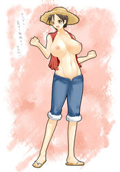 1girls areola beige_skin black_hair breasts brown_eyes busty cleavage clothes color erect_nipples female female_only flip_flops footwear front_view hair hat hourglass_figure human japanese_text luffyko monkey_d_luffy nipples one_piece open_clothes open_eyes open_mouth open_toe_shoes pink_nipples round_ears rule_63 sandals scar short_hair shorts solo standing straw_hat text translation_request vest voluptuous