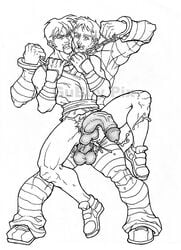 2boys anal bara blonde_hair blonde_hair_on_brown_hair blonde_hair_top brown_hair brown_hair_bottom capcom cody_travers domination facial_hair final_fight gay guboy guy_(final_fight) human light_hair_on_dark_hair male male_only monochrome multiple_boys multiple_males muscle partially_clothed penis pubic_hair street_fighter tagme testicles yaoi