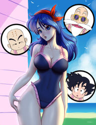 beach blue_eyes blue_hair breasts cleavage dragon_ball dragon_ball_(classic) exael good_launch launch looking_at_viewer lunch_(dragon_ball) one-piece_swimsuit outside standing swimsuit tagme thighs