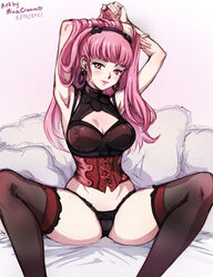 1girls 2021 armpits arms_up artist_name bangs bare_shoulders bare_thighs black_panties blunt_bangs breasts dated earrings eyebrows_visible_through_hair feet_out_of_frame female fire_emblem fire_emblem:_three_houses heart hilda_valentine_goneril hoop_earrings jewelry large_breasts long_hair looking_at_viewer minacream nintendo panties pillow pink_eyes pink_hair ponytail sitting sleeveless solo spread_legs thighhighs underwear watermark