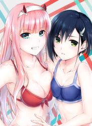 2girls asymmetrical_docking bangs bikini blue_eyes blue_hair blunt_bangs breast-to-breast breast_press breasts darling_in_the_franxx eyebrows_visible_through_hair female green_eyes hair_ornament hairband hairclip high_resolution horns ichigo_(darling_in_the_franxx) large_breasts long_hair looking_at_viewer medium_breasts multiple_girls oerba_yun_fang pink_hair rei_kun short_hair smile swimsuit tagme teeth zero_two_(darling_in_the_franxx) zeroichi_(darling_in_the_franxx)