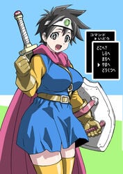 1girls cape check_translation clothing dragon_quest dragon_quest_iii dress female gameplay_mechanics gloves happy headgear heroine_(dq3) highres japanese_text makinaru medium_breasts roto shield stockings sword text thighhighs translated