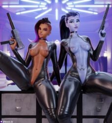 2girls 3d big_breasts bodysuit breasts choker clothing dark_skin exposed_breasts female firearm gun handgun human navel_piercing nemesis_3d overwatch pistol pussy shiny_skin sombra suppressor tattoo thick_thighs thighs unzipped_bodysuit weapon widowmaker