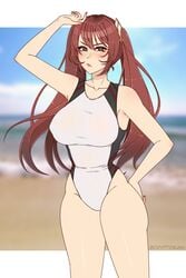 1girls alternate_breast_size alternate_costume armpits bare_thighs beach big_breasts breasts brown_eyes covered_nipples cryptid_crab eyewear_on_head fire_emblem fire_emblem_awakening frown large_breasts long_hair looking_at_viewer nintendo nipple_bulge ocean one-piece_swimsuit red_eyes red_hair sand seaside severa_(fire_emblem) solo sunglasses swimsuit twintails water white_swimsuit