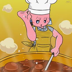 blue_eyes blush chef chef_hat chef_uniform clothed cook cooking cute cute_face eyelashes female female_only kirby kirby_(series) kirby_star_allies nintendo open_mouth pink_body pink_skin rule_63 solo solo_female stmabt