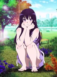 bare_arms bare_legs bare_shoulders barefoot black_hair blue_skirt feet female flower full_body grass hibike!_euphonium high_resolution kousaka_reina legs long_hair looking_at_viewer panchira pantsu purple_eyes sbel02 skirt tagme toes underwear white_panties white_underwear