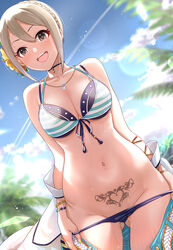 1girls :d ass_visible_through_thighs bangs bare_shoulders belt bikini bikini_pull black_bikini black_choker blonde_hair blue_sky blush bracelet braid breasts brown_eyes choker cleavage clothes_pull collarbone condensation_trail cowboy_shot crown_braid day dutch_angle female flower groin hair_flower hair_ornament heart highres idolmaster idolmaster_cinderella_girls jewelry layered_bikini lens_flare looking_at_viewer medium_breasts mk_(mod0) nail_polish navel necklace off_shoulder open_clothes open_fly open_mouth outdoors palm_tree pubic_tattoo pulled_by_self round_teeth shiomi_syuko short_hair sky smile solo stomach striped striped_bikini sweat swimsuit tattoo teeth tree upper_teeth yellow_flower yellow_nails