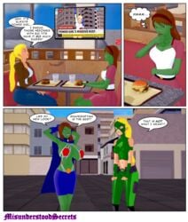 2girls 3d alternate_breast_size alternate_costume artemis_crock breast_envy breast_expansion breasts burger comic comic_page dc dc_comics koikatsu large_breasts miss_martian misunderstoodsecrets power_girl shapeshifter superheroine tv young_justice young_justice_(cartoon)