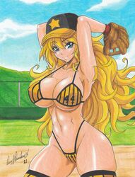 2021 bare_thighs baseball_cap baseball_glove big_breasts bikini blonde_hair blue_eyes breasts cleavage huge_breasts long_blonde_hair looking_at_viewer nipple_bulge pencil_(artwork) ravern_clouk sandy_bash suketto_sanjou!! tagme thick thick_thighs thighhighs thighs