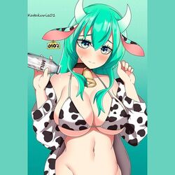 belly_button big_breasts blush cow_bell cow_bikini cow_girl cow_print horns jademan jadevaquita milk_bottle numbered signature