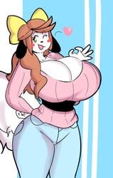 :3 anthro artist_request big_breasts big_tail canid canine cleavage cute dog holly_applebee huge_breasts long_hair looking_at_viewer milf okay_sign smile spoken_heart wink