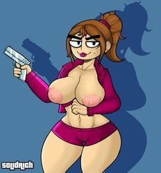 1girls crop_top female female_only flashing_breasts grabbing_object grand_theft_auto grand_theft_auto_iii misty_(gta) pistol ponytail rockstar_games shadow shorts signature solidrich solo