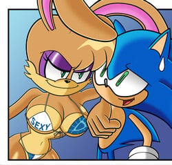 1boy 1girls anthro archie_comics big_breasts bikini bikini_top blue_fur blue_skin breasts bunnie_rabbot cleavage curvy curvy_figure duo eye_contact eyelashes eyeshadow female floppy_ears gloves green_eyes hedgehog male mammal mobian_monster nervous rabbit seductive seductive_smile sega small_bikini sonic_(series) sonic_the_hedgehog sonic_the_hedgehog_(archie) sonic_the_hedgehog_(comics) sonic_the_hedgehog_(series) sweatdrop swimwear yellow_fur yellow_hair