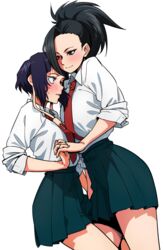 2girls black_hair blue_hair blush breasts collared_shirt duo earplugs female female_only half-closed_eyes high_resolution holding_hands interlocked_fingers kyoka_jiro leg_between_thighs long_hair medium_breasts momo_yaoyorozu multiple_girls my_hero_academia nukosan. nukosann parted_lips ponytail red_neckwear school_uniform shirt short_hair simple_background skirt sleeves_rolled_up small_breasts smile thigh_against_crotch tied_hair uniform white_background yuri