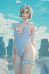 1girls 3d blonde blonde_hair blue_eyes breasts cleavage female female_only leotard looking_at_viewer mercy overwatch solo swimsuit velocihaxor water