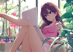 :3 ahoge annindoufu_(oicon) apple_inc. armpit_crease at_computer backlighting bangs blue_eyes bottle breasts brown_hair cleavage computer crossed_legs eyebrows_visible_through_hair female flower hair_between_eyes ichinose_shiki idolmaster idolmaster_cinderella_girls indoors laptop leg_up legs long_hair medium_breasts official_art pink_shirt pink_tank_top plant shirt shorts sitting smile solo tagme tank_top thighs wavy_hair white_shorts window