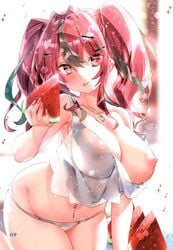 absurdres areolae azur_lane bangs bare_shoulders bikini blurry blurry_background blush breasts bremerton_(azur_lane) collarbone covered_nipples doujinshi female fingernails food fruit gradient gradient_hair hair_ornament highres holding holding_food jewelry kamiya_maneki large_breasts looking_at_viewer multicolored_hair navel_piercing necklace nipples page_9 page_number piercing pink_hair purple_eyes scan see-through shiny shiny_hair shiny_skin simple_background sleeveless smile solo sparkle swimsuit thighs tied_hair tongue tongue_out twintails watermelon x_hair_ornament