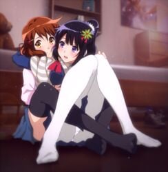 2girls black_hair black_legwear black_thighhighs blurry blush brown_eyes brown_hair depth_of_field embracing feet female flower hair_flower hair_ornament hibike!_euphonium hug hugged_from_behind kousaka_reina long_hair multiple_girls no_shoes oumae_kumiko panchira panties_under_pantyhose pantsu pantyhose ponytail purple_eyes sbel02 short_hair smile thighhighs tied_hair underwear white_legwear white_panties white_pantyhose white_underwear yuri