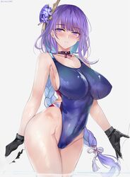 bangs black_gloves blue_swimsuit braid breasts choker covered_navel female flower genshin_impact gloves hair_ornament highres large_breasts long_hair misaka12003 misaka_12003-gou misako12003 mole mole_under_eye navel obiage obijime one-piece_swimsuit purple_eyes purple_flower purple_hair raiden_shogun sideboob solo swimsuit water wet