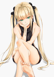 bangs barefoot bitterpain black_bow black_sweater blonde_hair blunt_bangs bow clothes_pull clothing crossed_legs dress eyebrows_visible_through_hair feet female green_eyes hair_ornament hairbow head_rest high_resolution long_hair looking_at_viewer meme_attire no_bra original panchira pantsu parted_lips ribbed_sweater shiny shiny_hair simple_background sitting skirt skirt_lift soles solo sweater sweater_dress tagme tied_hair toes twintails underwear very_long_hair vest virgin_killer_sweater white_background white_panties white_underwear