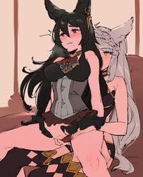 2girls absurdres animal_ears ass_visible_through_thighs bare_arms biting biting_lip black_hair blush braid breasts dress ear_piercing erune eyebrows_visible_through_hair fingering fraux granblue_fantasy grey_hair hair_between_eyes hand_on_another's_thigh highres kenshin187 large_breasts long_hair looking_pleasured multiple_girls nier_(granblue_fantasy) panties piercing pussy_juice pussy_juice_drip_through_clothes reach_around red_eyes rough_sex sitting sitting_on_lap sitting_on_person sweatdrop thighhighs underwear yellow_eyes yuri