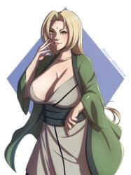 1girls big_breasts blonde_hair breasts brown_eyes busty center_opening cleavage clothed_female clothing female female_only fully_clothed haori huge_breasts keeks_nsfw kimono large_breasts mature mature_female naruto naruto_(series) naruto_shippuden no_bra smile tsunade