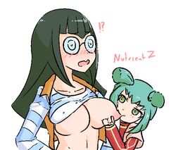 2girls black_hair blush breast_grab breastfeeding breasts card carly_carmine carly_nagisa female female_only glasses licking liveactors luna_(yu-gi-oh!) multiple_girls nipples smile sucking sucking_nipples white_background yu-gi-oh! yu-gi-oh!_5d's