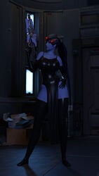 3d blender blue_hair dress elbow_gloves gloves gun huge_breasts latex long_hair overwatch thick_thighs thighhighs tight_clothing widowmaker zccblp