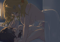 2girls :d all_fours bangs bed bed_sheet bedroom black_hair blanket blonde_hair blue_eyes blush breasts clavicle couple eye_contact eyebrows_visible_through_hair female fingers_together groin hachimiya_meguru hair_ornament hairclip hanging_breasts heart high_resolution holding_hands idolmaster indoors interlocked_fingers kazano_hiori kurokin large_breasts long_hair looking_at_another low_twintails lying mole mole_under_mouth multiple_girls nude on_back on_bed open-mouth_smile open_mouth pillow purple_eyes small_breasts smile star_(symbol) star_hair_ornament stomach sweat the_idolm@ster:_shiny_colors tied_hair twintails twitter_username yuri