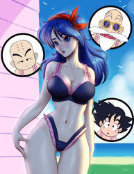 beach bikini blue_eyes blue_hair breasts cleavage dragon_ball dragon_ball_(classic) exael good_launch launch looking_at_viewer lunch_(dragon_ball) navel outside standing tagme thighs