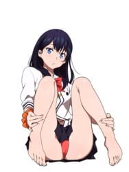 3:4_ratio bare_knees bare_legs barefoot bent_knees black_hair black_skirt blue_eyes bow bowtie breasts cardigan feet female high_resolution knees legs lingerie long_hair long_sleeves medium_breasts pantsu pixiv_id_1356236 pleated_skirt red_neckwear red_panties red_underwear sbel02 simple_background skirt solo ssss.gridman straight_hair tagme takarada_rikka thighs transparent_background underwear white_background white_cardigan wristband