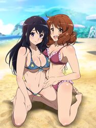 2girls background barefoot beach bikini black_hair blurry_background blush breasts brown_eyes brown_hair cleavage feet female hi_res hibike!_euphonium kousaka_reina long_hair looking_at_viewer medium_hair multiple_girls navel open_mouth oumae_kumiko purple_eyes sand sbel02 shiny shiny_skin short_hair smile soles swimsuit toes