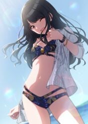 ;d amochin bangs bikini black_hair blue_bikini blue_sky blush bracelet breasts buckle cleavage contrapposto cowboy_shot day eyebrows_visible_through_hair female glint high_resolution idolmaster jewelry kazano_hiori long_hair long_sleeves looking_at_viewer mole mole_under_mouth navel one_eye_closed open_clothes open_mouth outdoors purple_eyes see-through sky small_breasts smile solo stomach sunlight swept_bangs swimsuit tagme the_idolm@ster:_shiny_colors wink