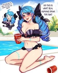 1girls artist_signature bare_shoulders belly bikini blue_eyes blue_hair blushypixy blushyspicy breasts chibi embarrassed english_text gwen_(league_of_legends) hothot_spicy league_of_legends pov pov_eye_contact speech_bubble strapless strapless_bikini strapless_bra strapless_swimsuit swimming_pool text thick_thighs