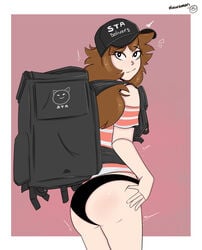 1girls ass ass_squeeze bag black_bra black_panties brown_hair cap delivery_girl female female_focus female_only glistening_body hikikomori looking_back no_pants panties shgurr solo solo_focus striped_shirt thick_ass thick_thighs underwear youtube youtuber