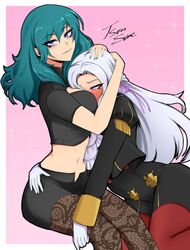 2girls bare_midriff between_breasts blue_eyes blush breast_smother byleth_(fire_emblem) byleth_(fire_emblem)_(female) cleavage_cutout edelgard_von_hresvelg embarrassed female_only fire_emblem fire_emblem:_three_houses garreg_mach_monastery_uniform green_nails grey_hair heavy_blush hug large_breasts leggings long_hair looking_at_viewer medium_hair multiple_girls nail_polish nintendo pantyhose pink_background shorts smile sparkle teal_hair teal_nails tsunsune yuri