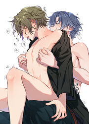 2boys asi barely_clothed blue_hair erect_nipples faust_lavinia figaro_garcia gay green_hair japanese_text mahoyaku nipple_play nipples playing_with_nipple promise_of_wizard sitting_on_lap