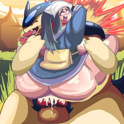 1boy 1girls akari_(pokemon) ambiguous_penetration animal_genitalia animal_penis ass big_ass big_breasts big_butt big_penis blue_eyes blue_hair blush breasts cum cum_inside female high_resolution interspecies large_ass long_hair male_pokemon/female_human penis pleasure_face pokemon pokemon_(species) pokemon_gsc pokemon_legends:_arceus pokephilia polarbeark sex thick_ass thick_thighs typhlosion